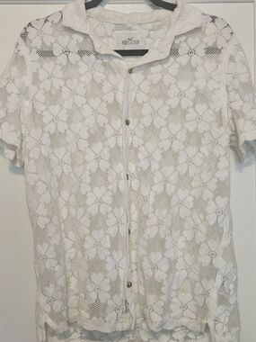 Hollister White Lace Button-Up Top